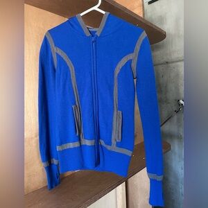 Blue and Gray Women’s Merino Wool Hooded Sweater Jacket